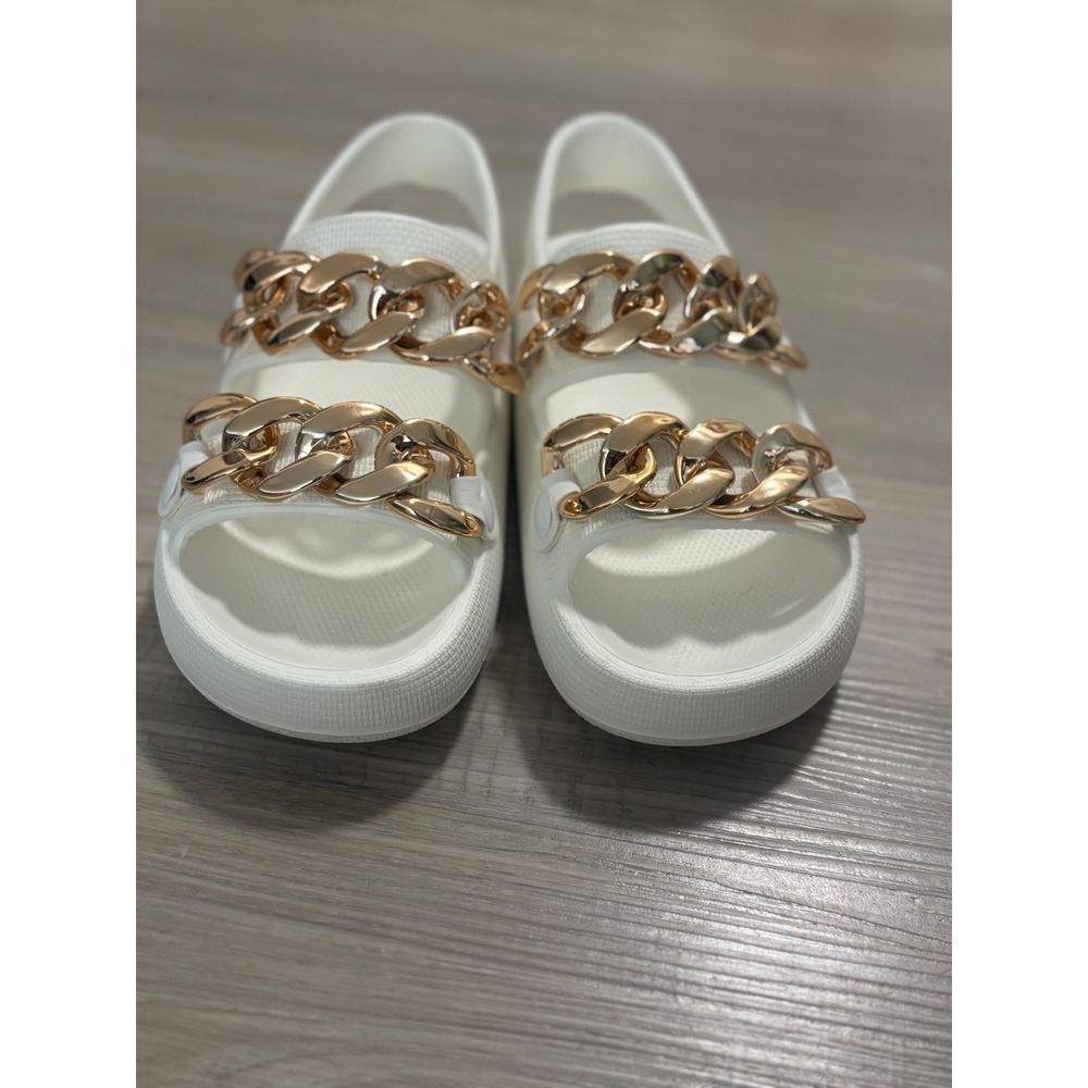Chunky Gold Chain White Sandals‎ Slides Slip On Summer Shoes - Picture 6 of 6